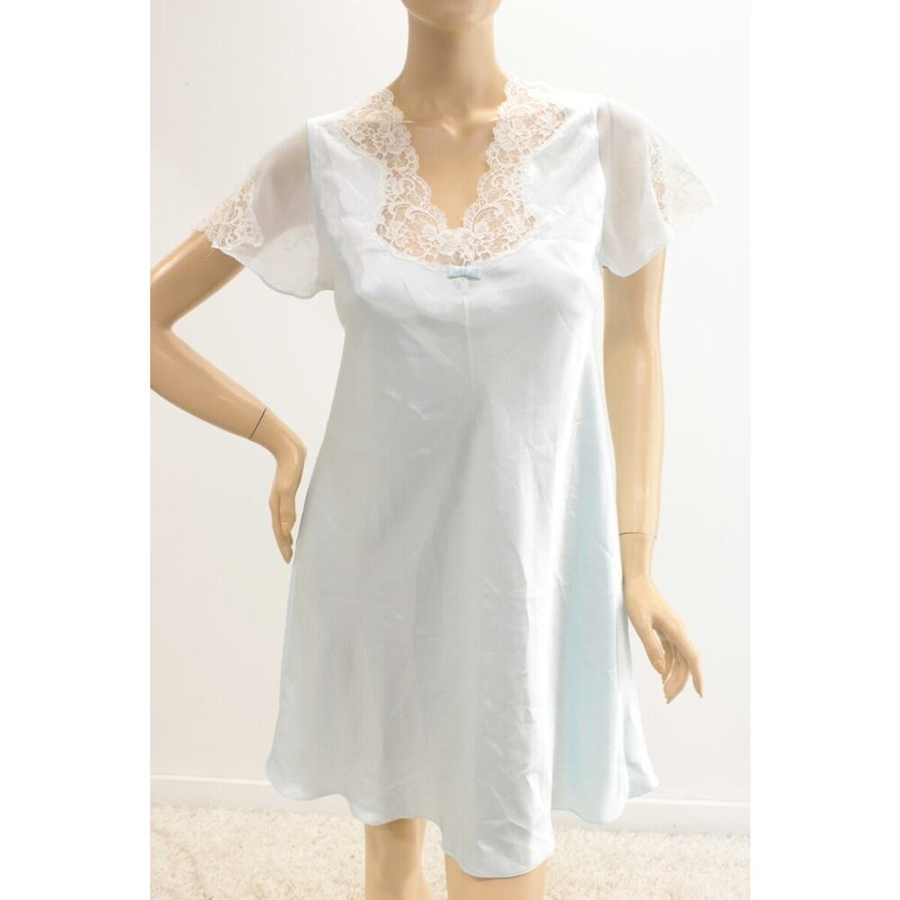 Vintage Short Nightie Soft Slippery Blue Stain Lace Trim Small Hong Kong Intimat